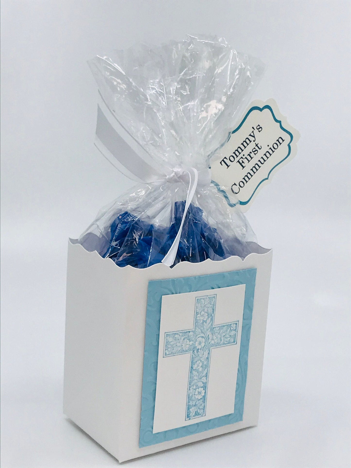 First Communion Party Favors - Blue / Flower & Vine on Cross to stuff with edibles or small gifts