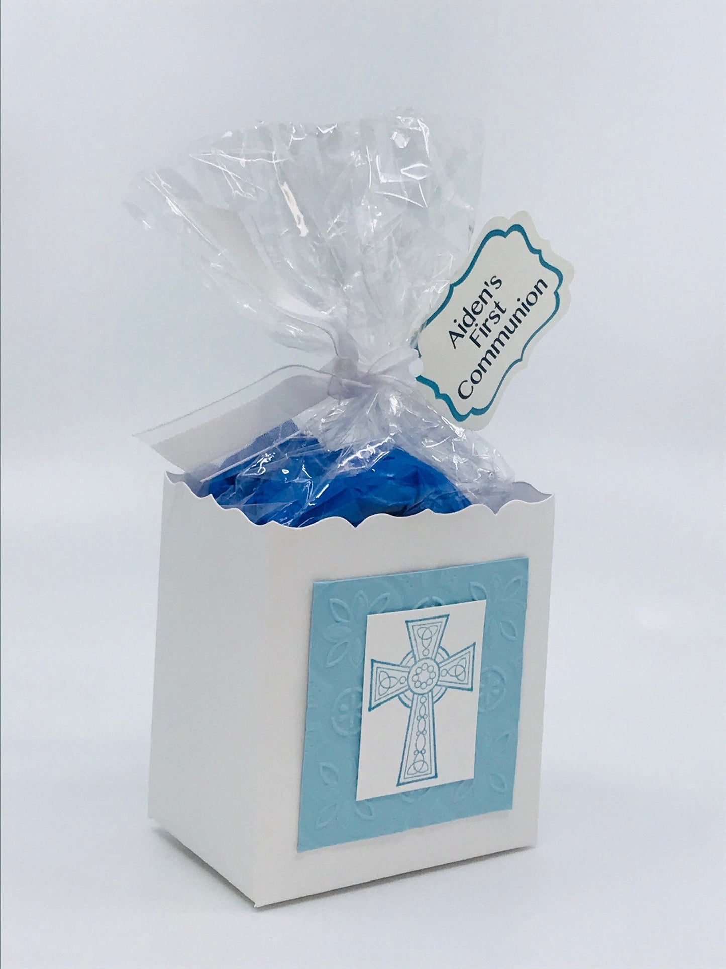 First Communion Party Favors - Blue/Celtic cross to stuff with edibles or small gifts