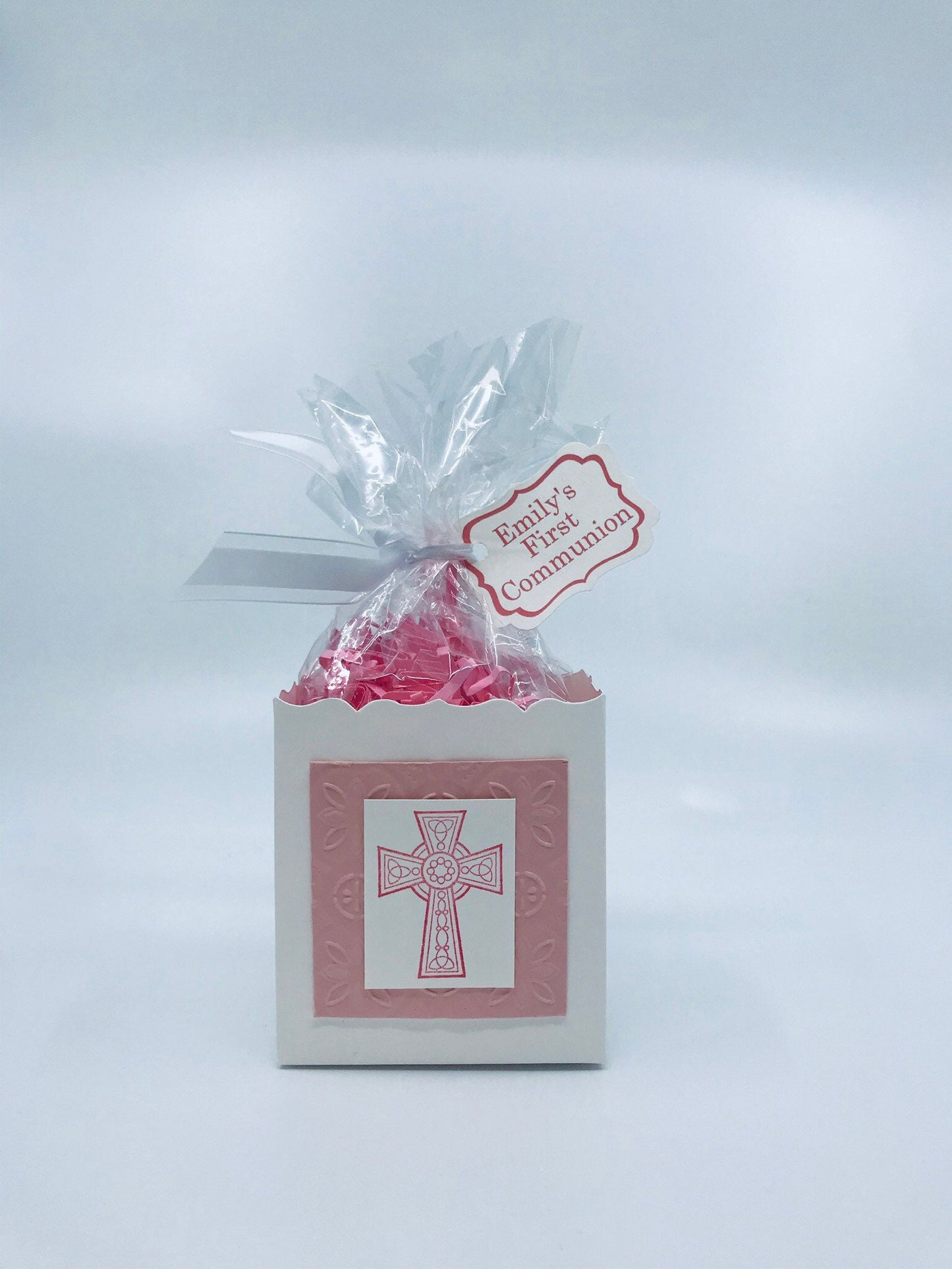 First Communion Party Favors - pink with Celtic cross to stuff with edibles or small gifts