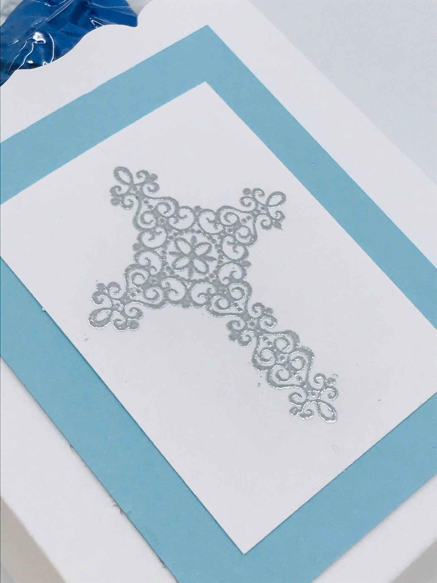 First Communion Party Favors - Blue / Silver Heat Embossed Cross to stuff with edibles or small gifts