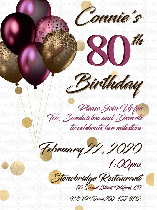 Burgundy and Gold Balloons with Confetti 80th Birthday Party Invites