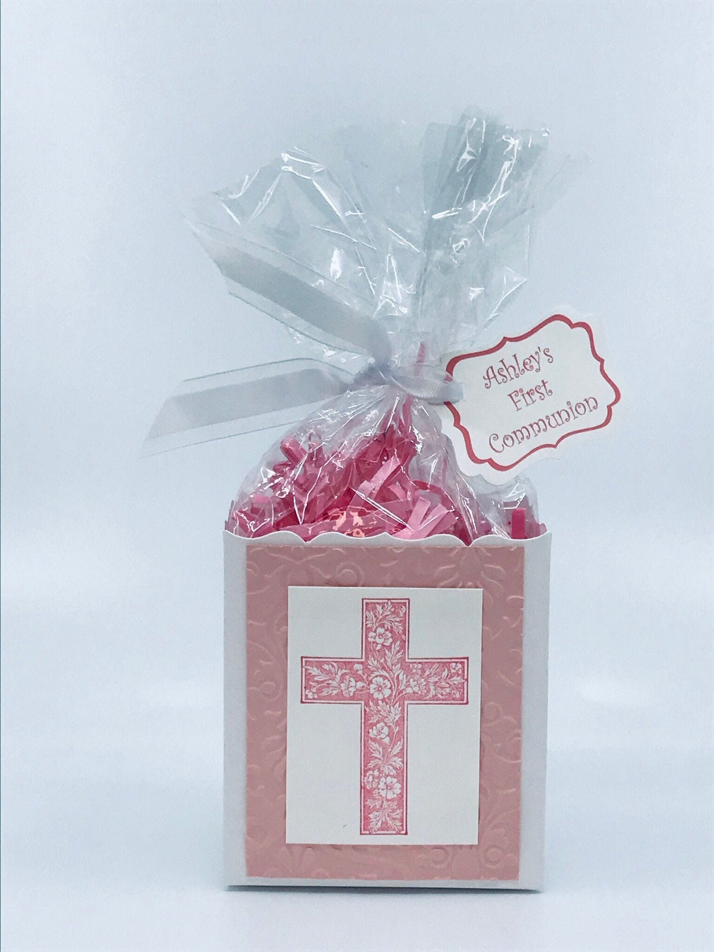 First Communion Party Favors - Pink / Flowers & Vines on Cross to stuff with edibles or small gifts