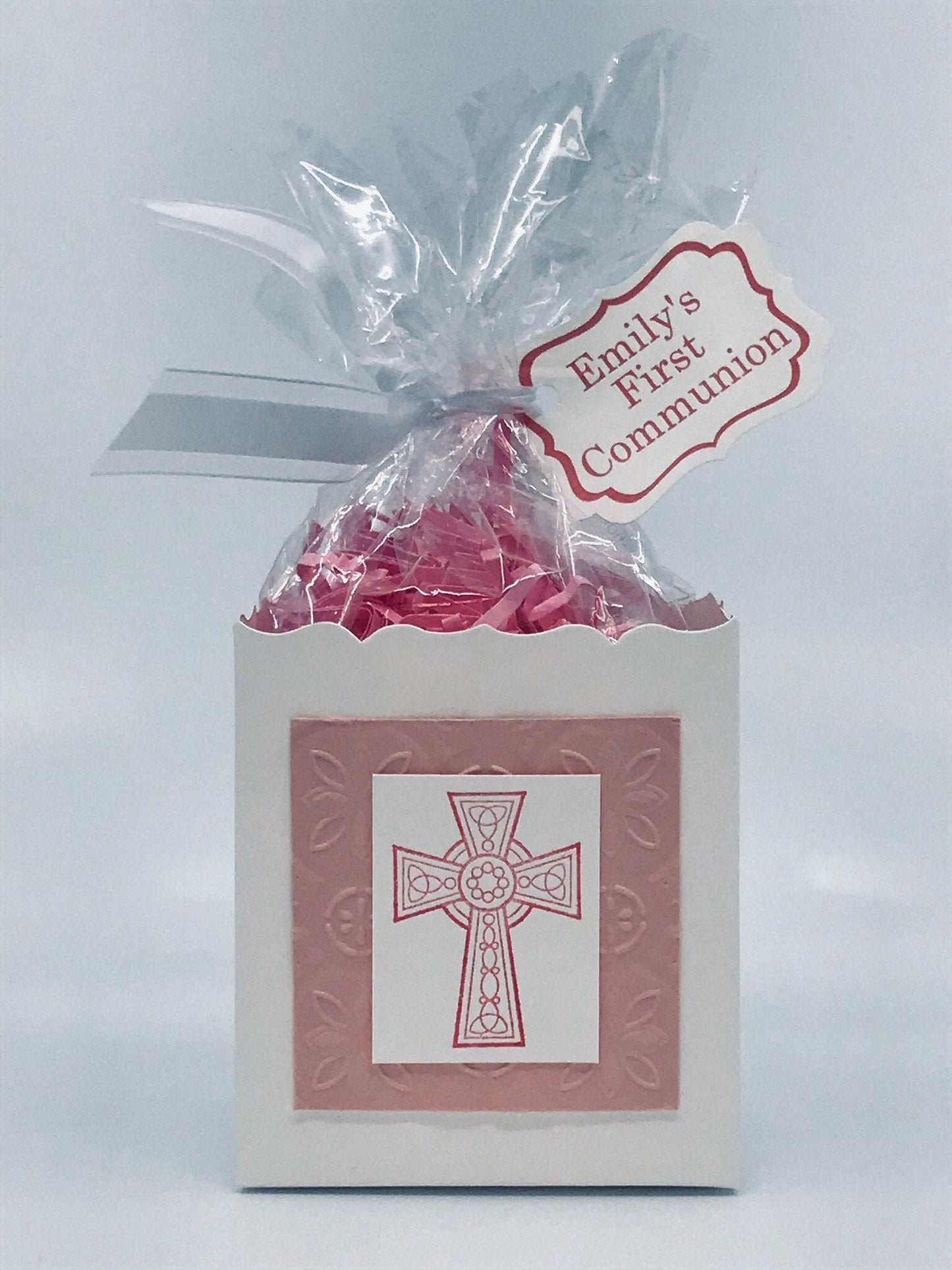 First Communion Party Favors - pink with Celtic cross to stuff with edibles or small gifts