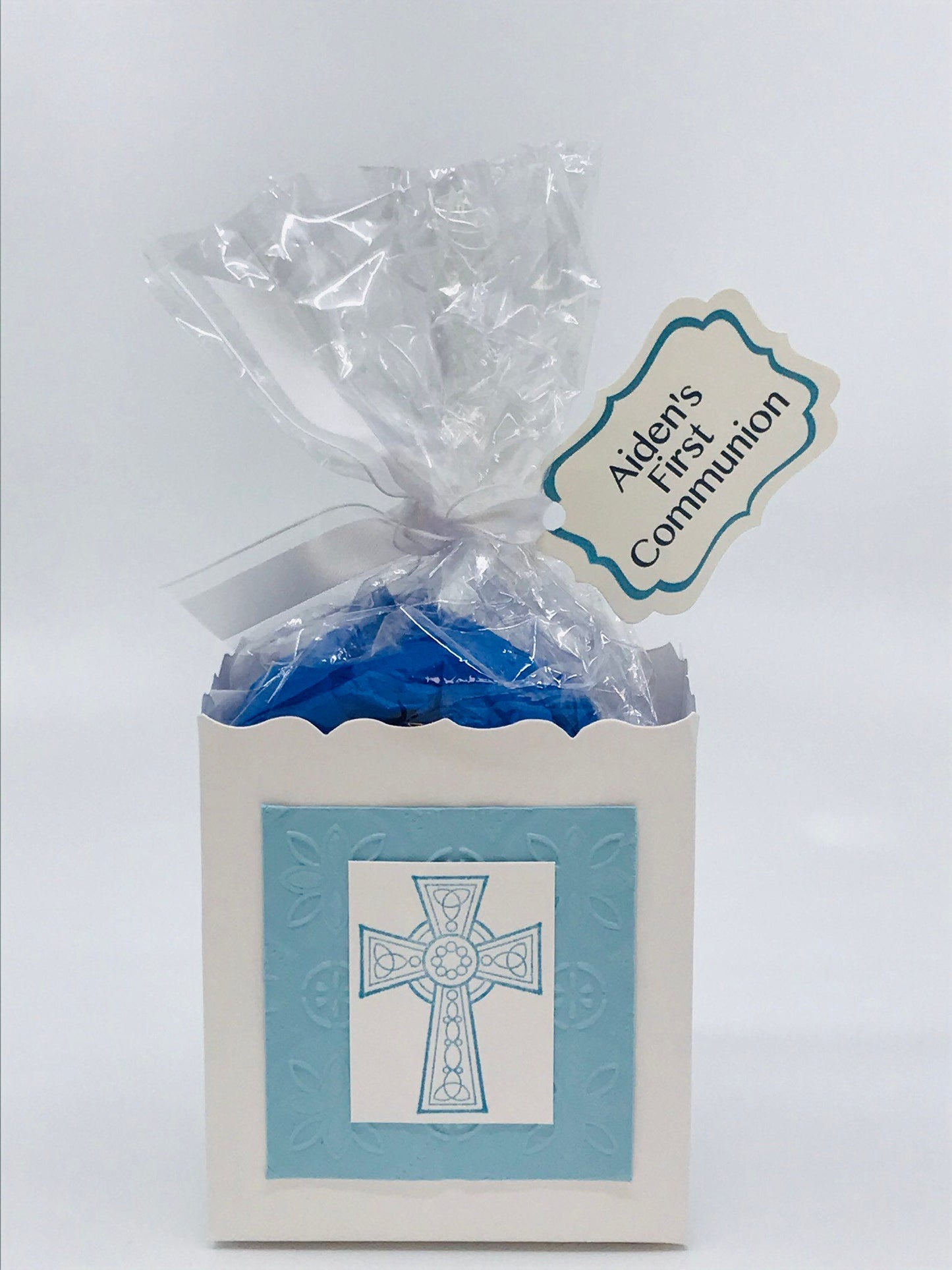 First Communion Party Favors - Blue/Celtic cross to stuff with edibles or small gifts