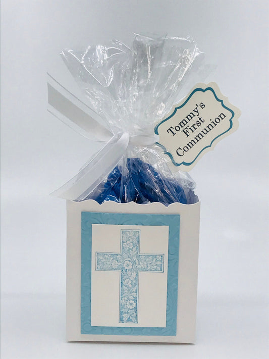 First Communion Party Favors - Blue / Flower & Vine on Cross to stuff with edibles or small gifts