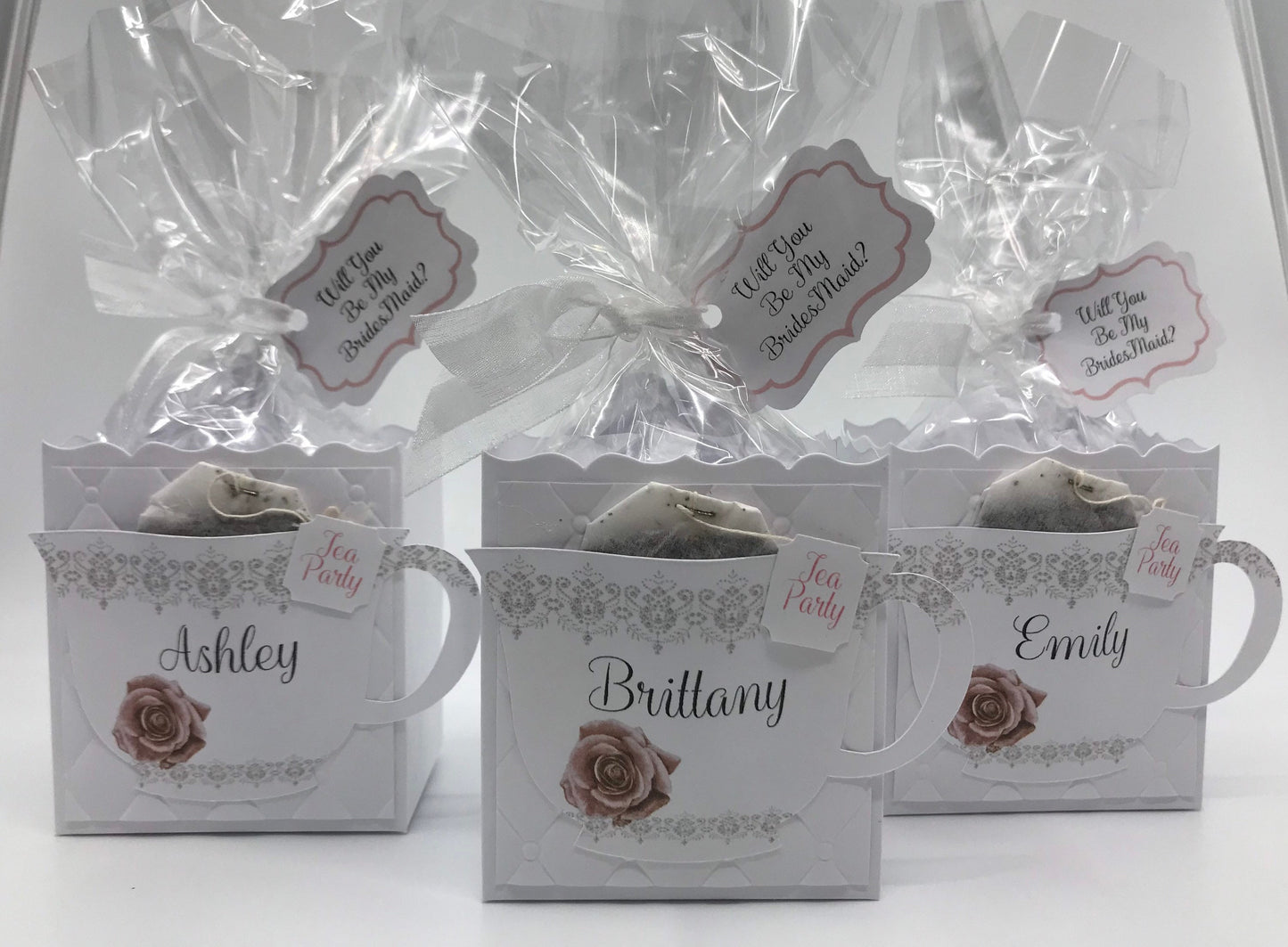 Personalized Dusty Rose Tea Party Favor with White Ribbon