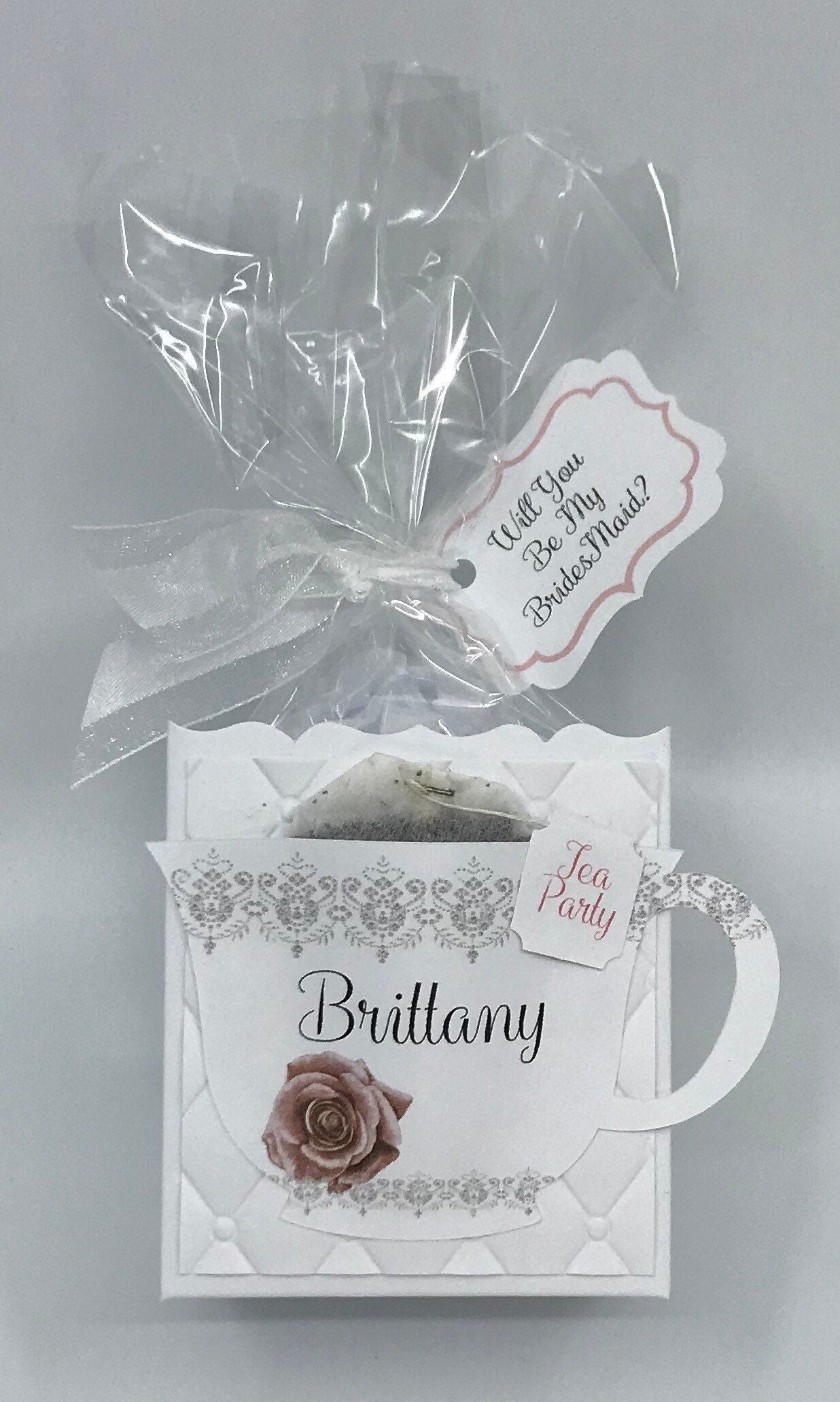 Personalized Dusty Rose Tea Party Favor with White Ribbon