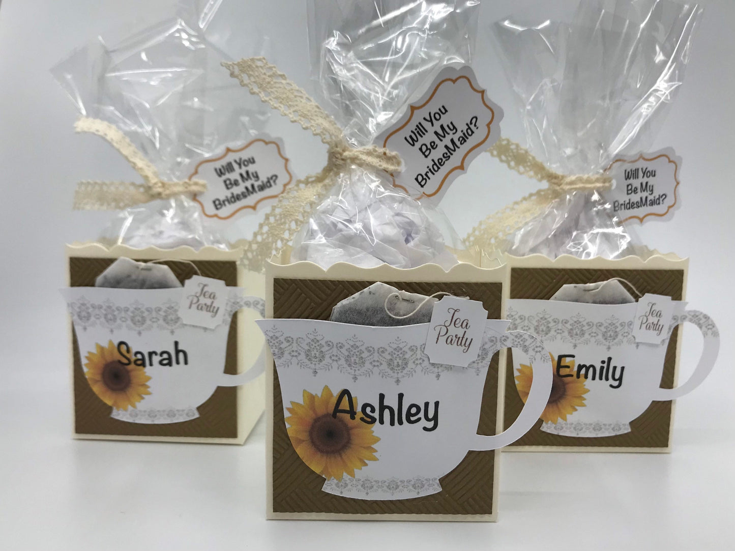 Personalized Sunflower Tea Party Favor, Bridesmaid Proposal