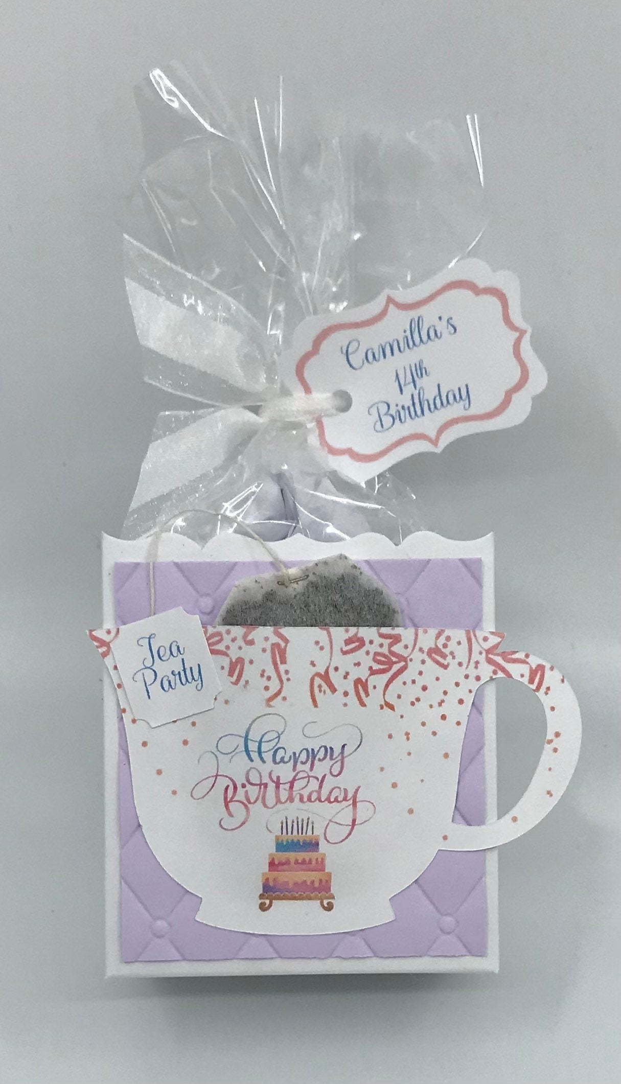 Personalized Birthday Tea Party Favor- Rainbow Cake on Purple Matting to stuff with edibles or small gifts