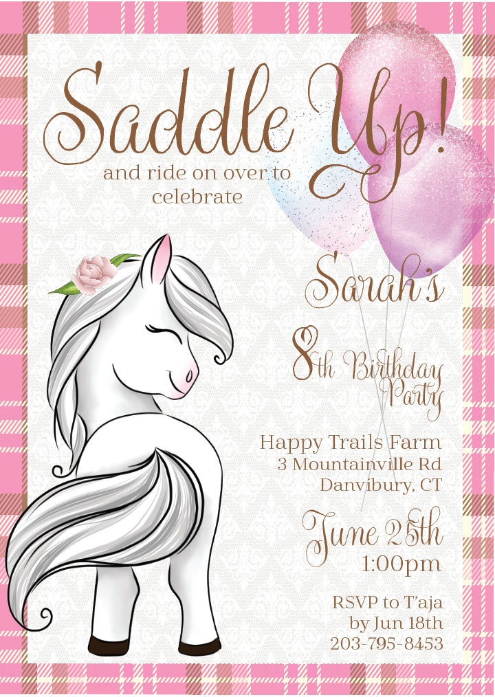 Saddle Up White Pony Horse Birthday Party Invitation