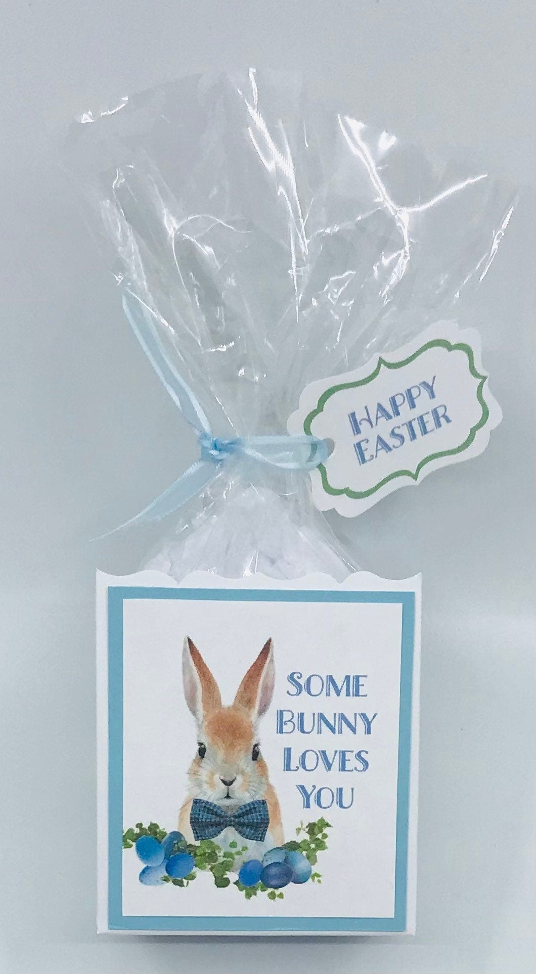 Blue Easter Bunny Party Favor Gift Box & Bag to stuff with edibles or small gifts for Easter Sunday Catholic Christian Birthday Baby Shower