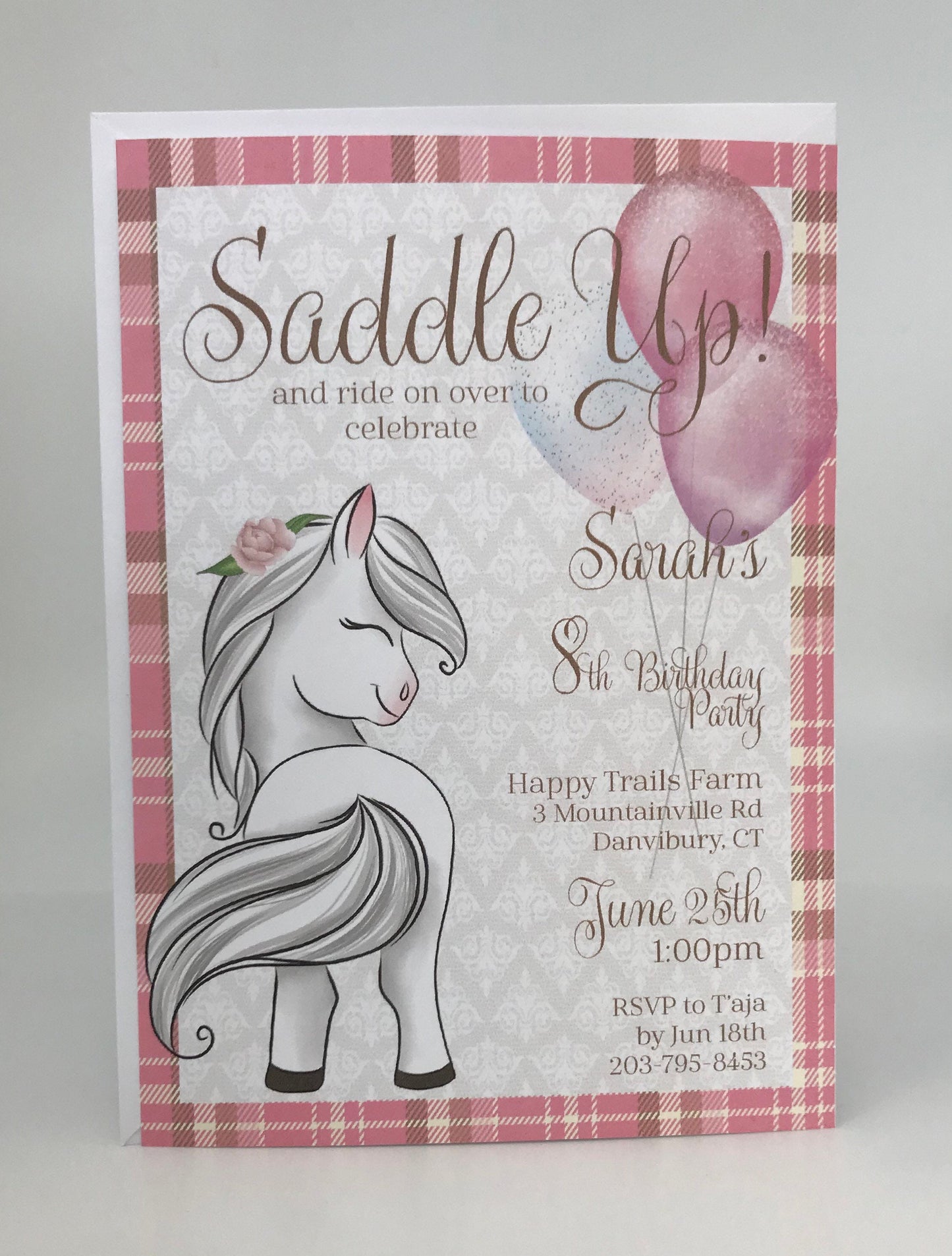 Saddle Up White Pony Horse Birthday Party Invitation