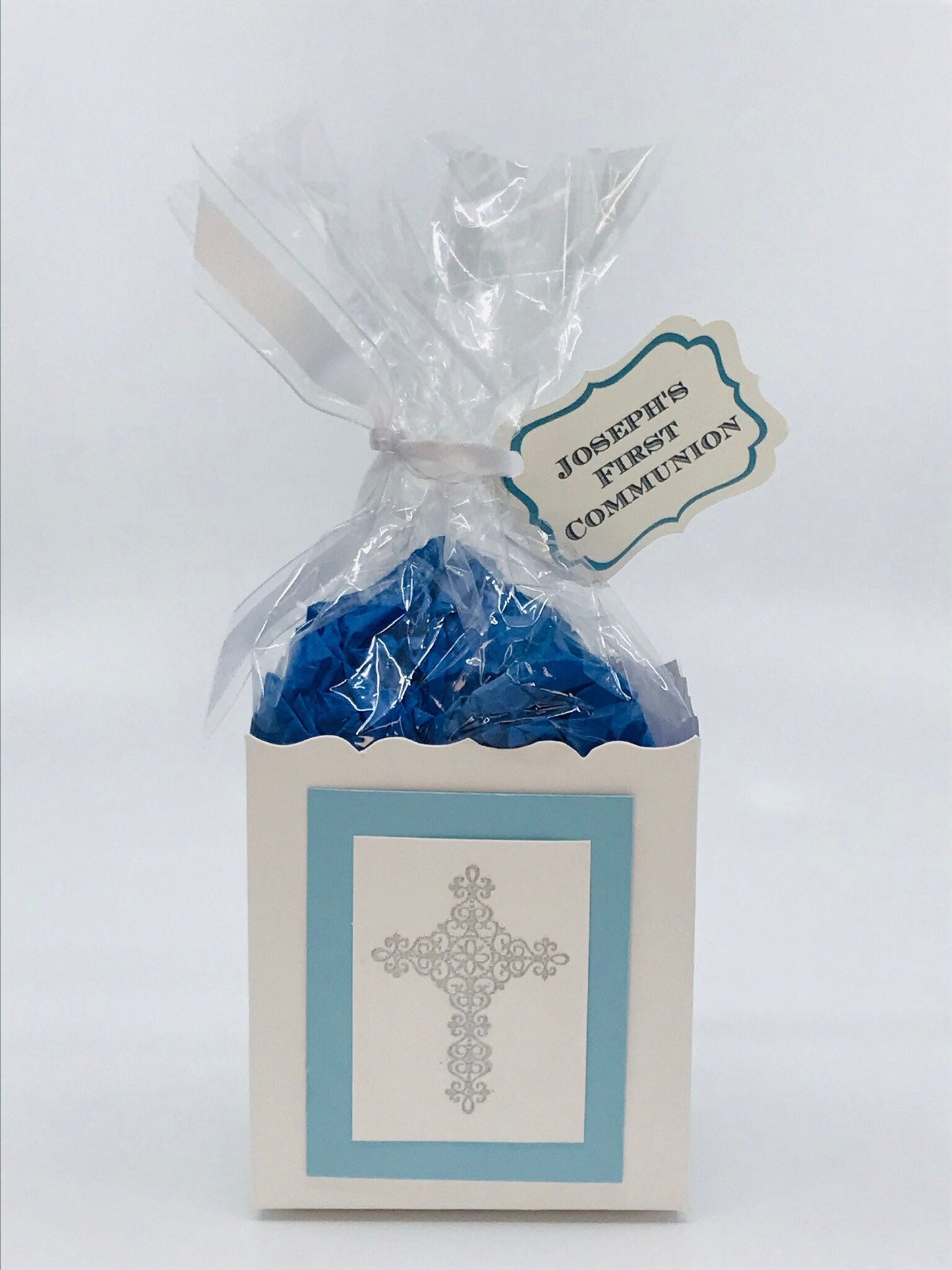 First Communion Party Favors - Blue / Silver Heat Embossed Cross to stuff with edibles or small gifts