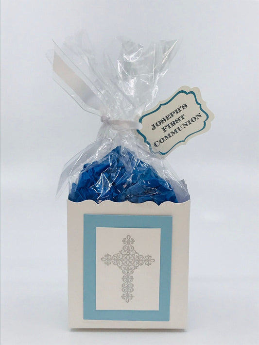 First Communion Party Favors - Blue / Silver Heat Embossed Cross to stuff with edibles or small gifts