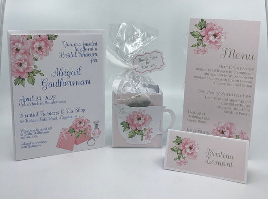 Pink Peony Bridal Shower Tea Party Ensemble with Invitation Menu Party Favor Gift Box & Bag Place Card for Wedding Bridal Shower Birthday