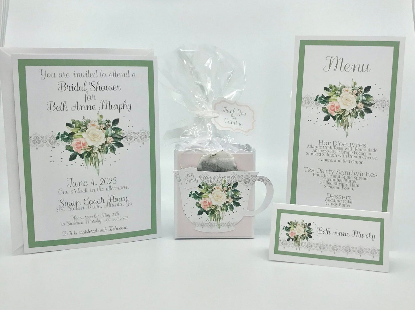 Sage Green Blush and Cream Bouquet Ensemble Invite Menu Tea Party Favor Gift Box & Bag Wedding Bridal Baby Shower Birthday Special Event