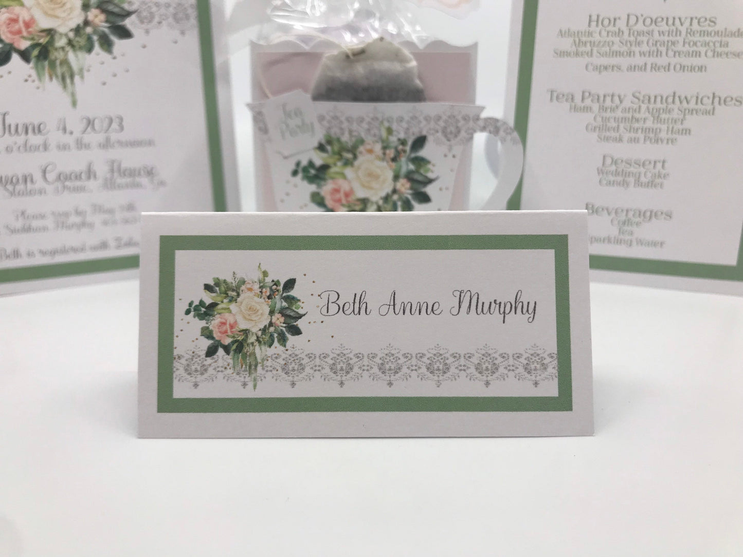 Sage Green Blush and Cream Bouquet Ensemble Invite Menu Tea Party Favor Gift Box & Bag Wedding Bridal Baby Shower Birthday Special Event