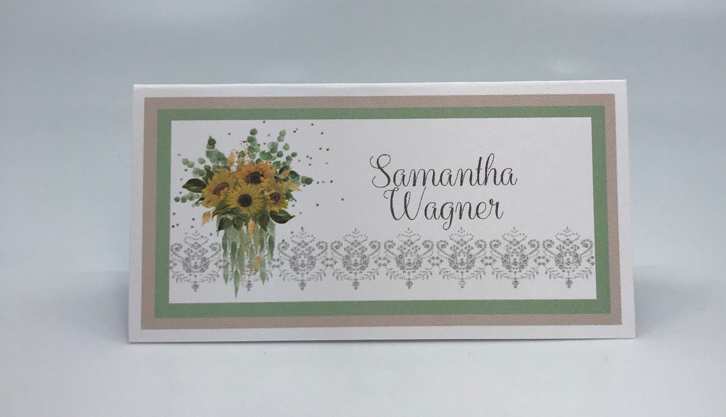 Sunflowers and Eucalyptus Bouquet Tea Party Seating Arrangement Place Card Bridal Baby Shower Birthday