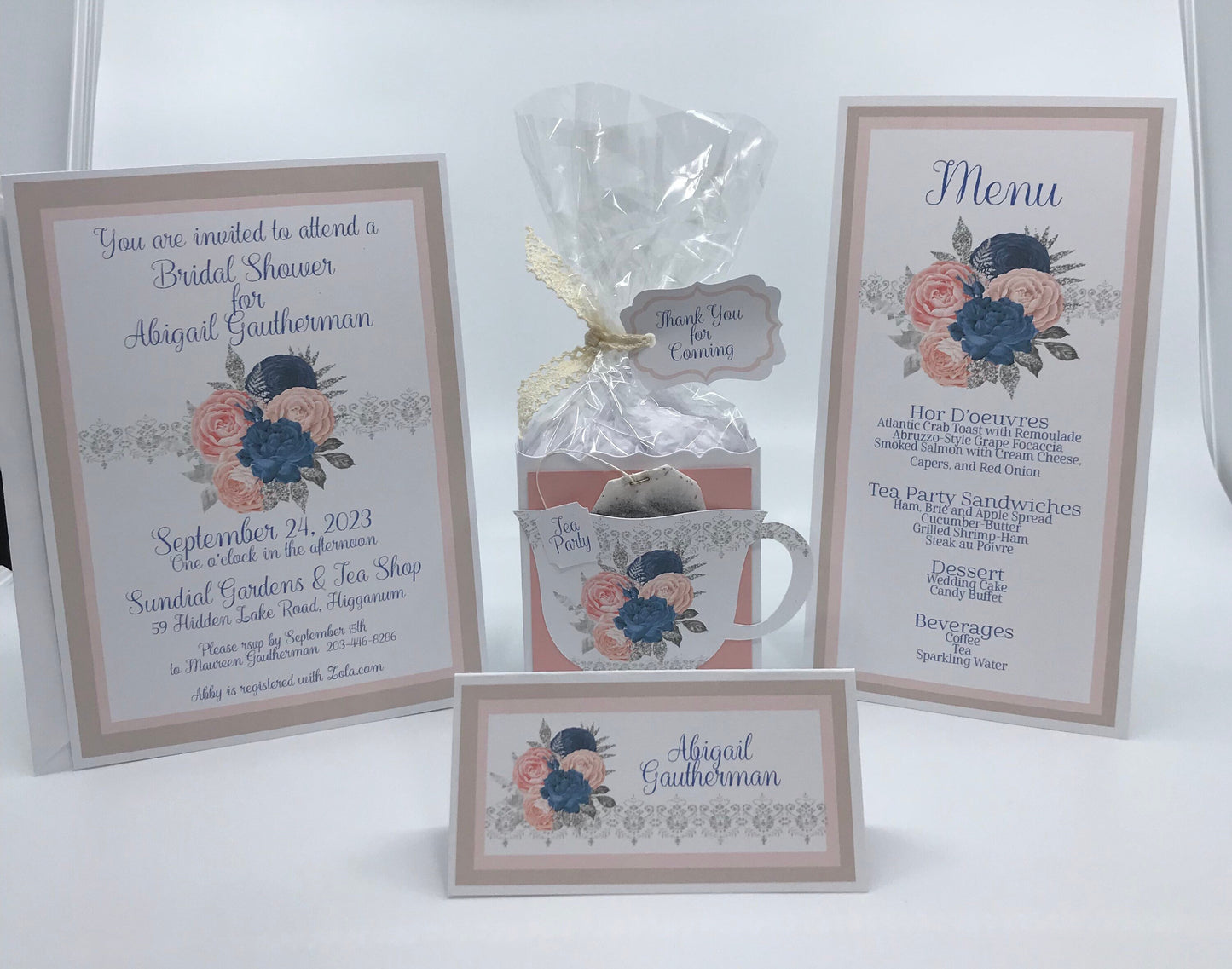 Navy Blue Pink Blush Silver Floral Bridal Shower Tea Party Set: Invitation, Menu, Favors