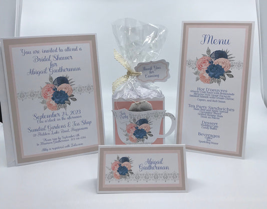 Navy Blue Pink Blush Silver Floral Bridal Shower Tea Party Set: Invitation, Menu, Favors