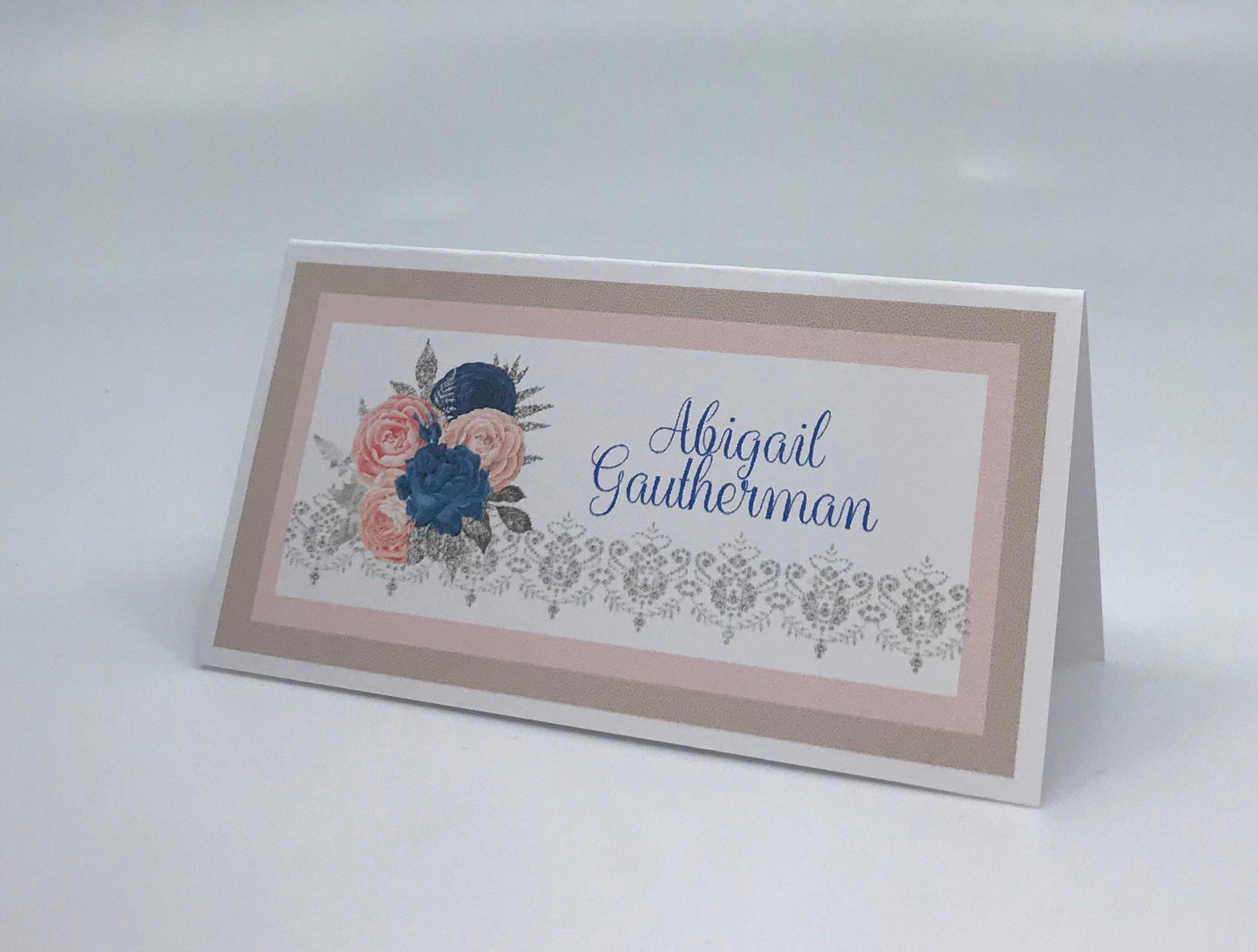 Navy Blue Pink Blush Silver Floral Bridal Shower Tea Party Set: Invitation, Menu, Favors
