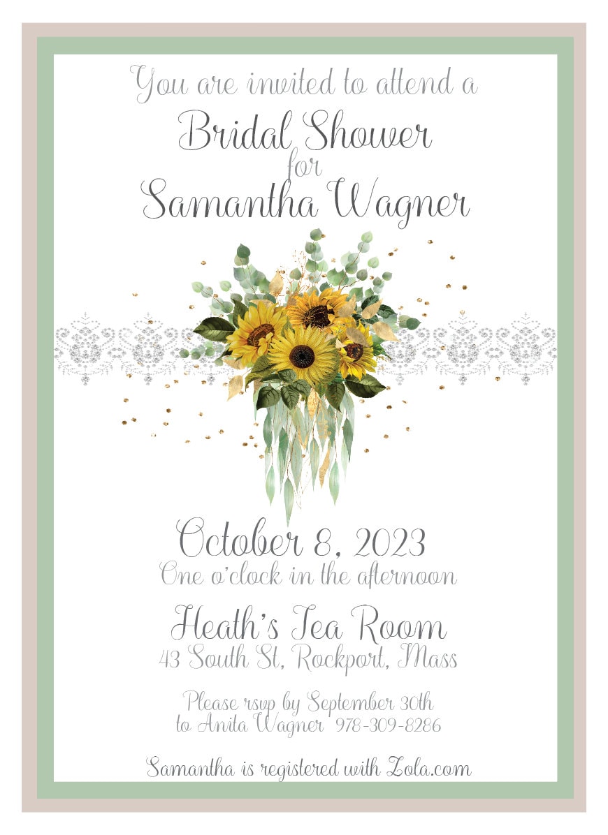Bridal Shower Tea Party Invitation Sunflowers and Eucalyptus Bouquet