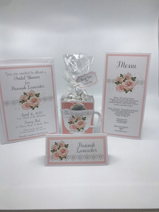 Gold Embellished Pink Rose Tea Party Ensemble with Invitation Menu Party Favor gift box place card for Wedding Bridal Shower Birthday