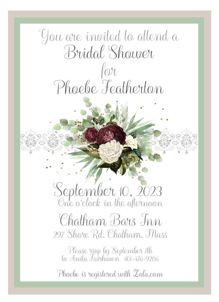 Burgundy Floral Tea Party Ensemble – Invitation, Menu, Favor, Place Card