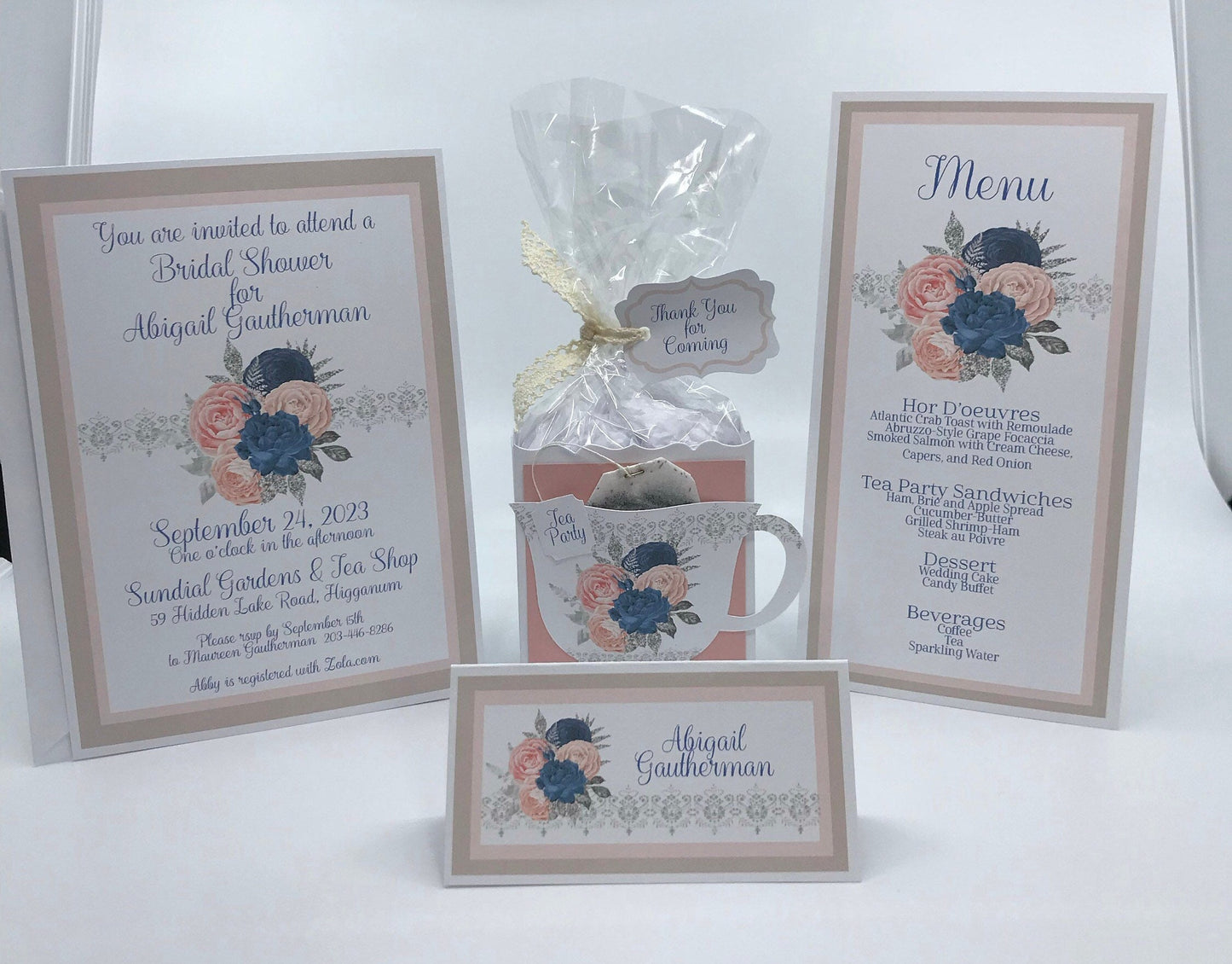 Pink Blush Navy Silver Crumb Cake Floral Bouquet Bridal Shower Tea Party Favor Gift Box