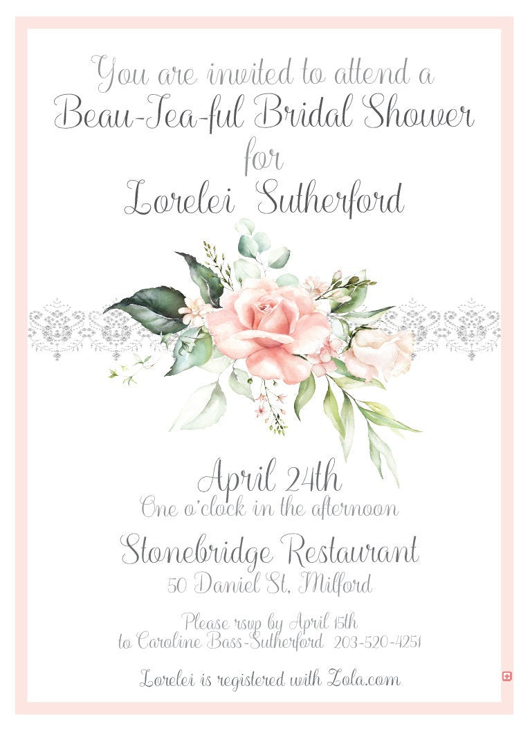 Pink Floral Tea Party Invitation - Bridal Shower or Birthday
