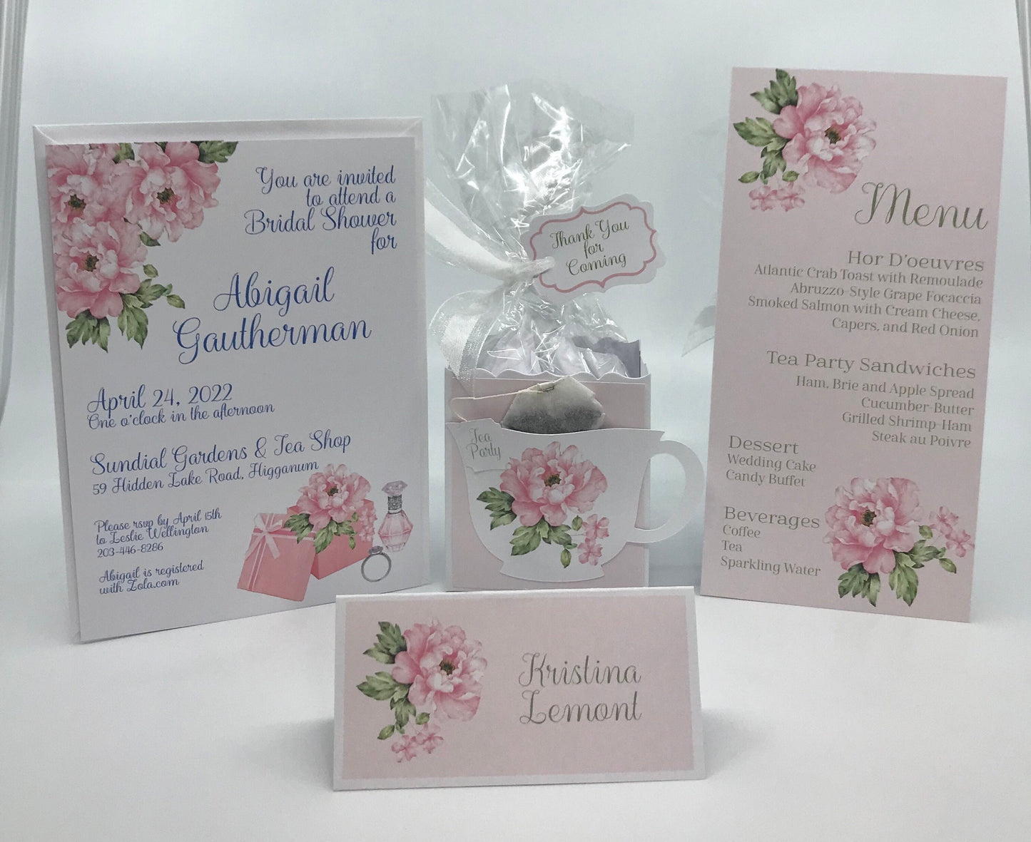 Pink Peony Bridal Shower Tea Party Ensemble with Invitation Menu Party Favor Gift Box & Bag Place Card for Wedding Bridal Shower Birthday