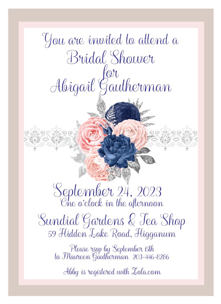 Navy Blue Pink Blush Silver Floral Bridal Shower Tea Party Set: Invitation, Menu, Favors