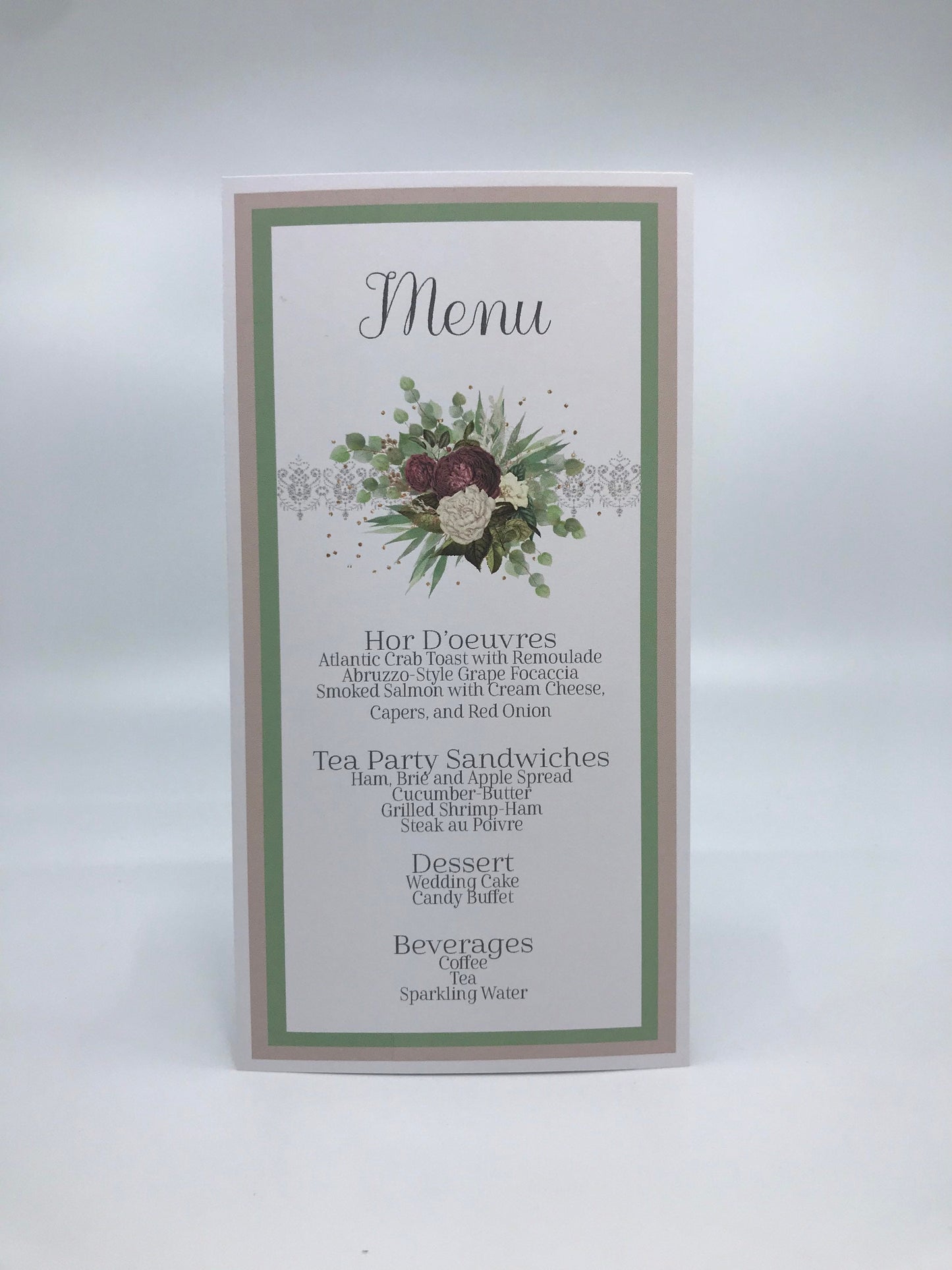 Burgundy Floral Tea Party Ensemble – Invitation, Menu, Favor, Place Card