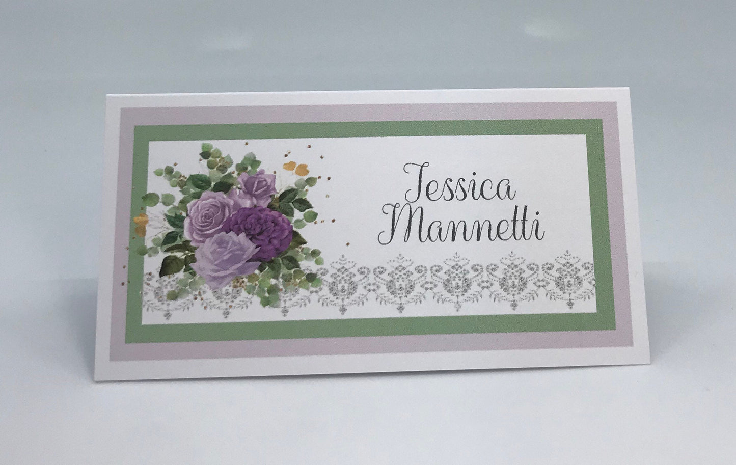 Purple Rose Eucalyptus and Sage Bouquet Wedding Bridal Shower Tea Party Ensemble with Invitation Menu Party Favor Gift Box & Bag Place Card