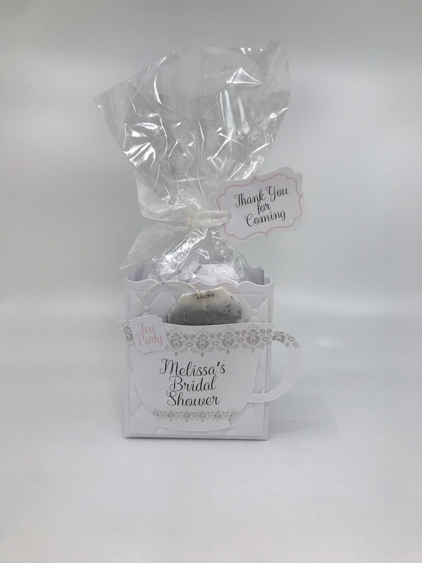 White on White Personalized Tea Party Favor Bag & Gift Box for Bridal Shower