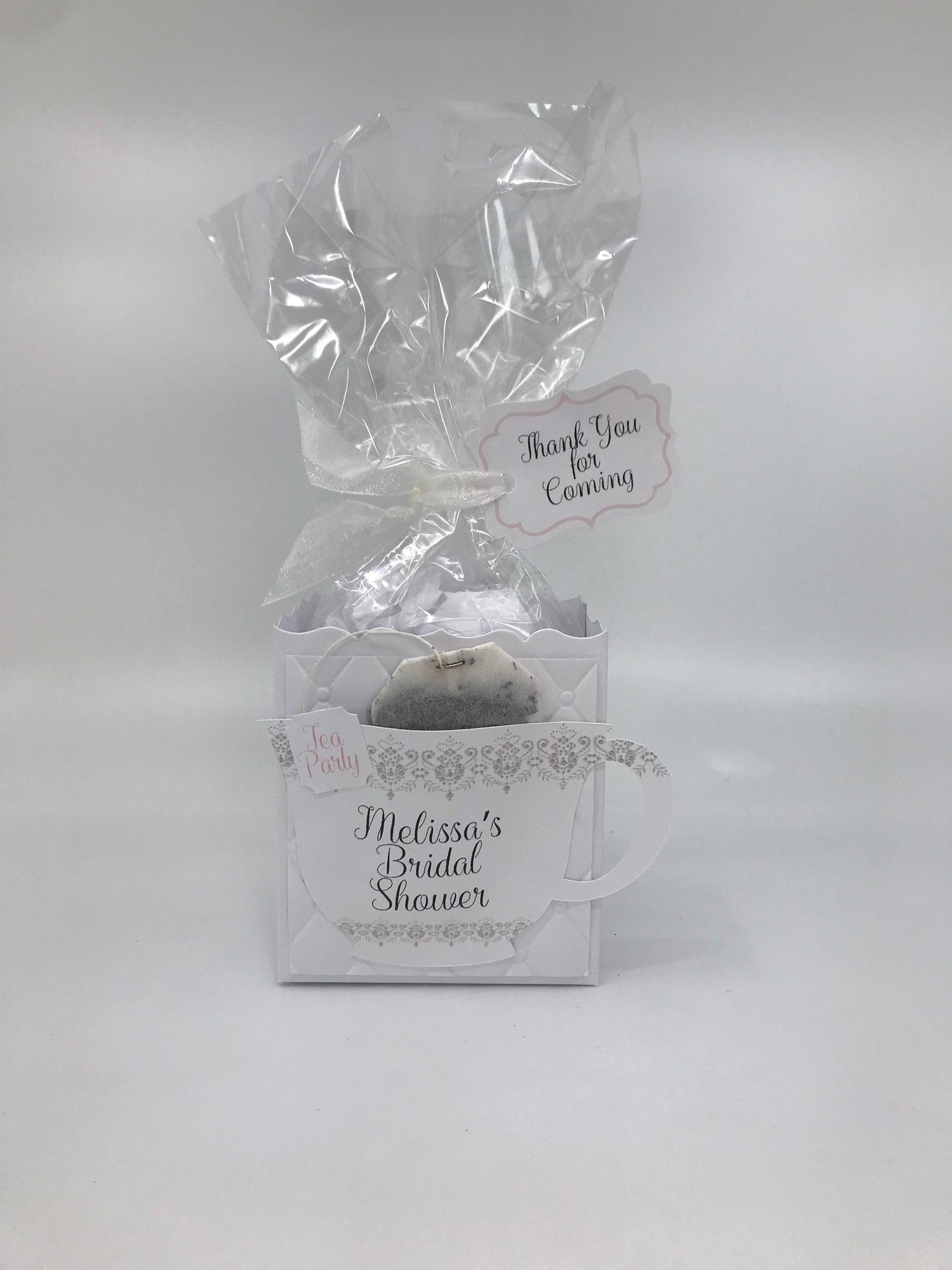 White on White Personalized Tea Party Favor Bag & Gift Box for Bridal Shower