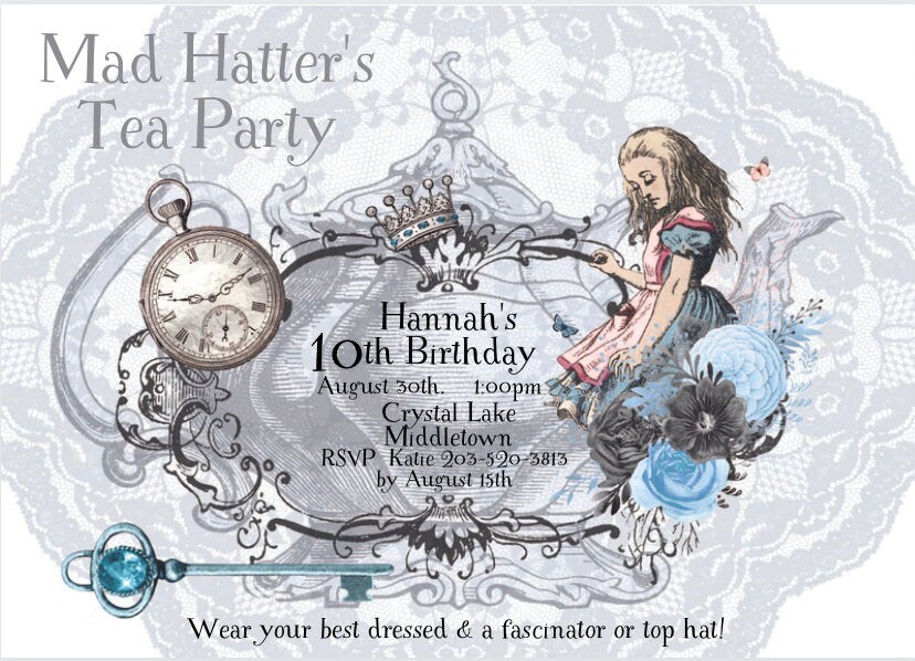 Editable Digital on Canva Alice in Wonderland Tea Party Invitations - Dusty Rose & Bashful Blue