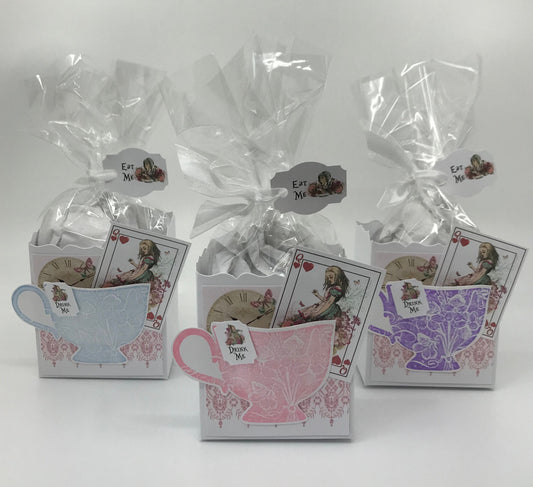 Set of 3 - Fill My Teacup Alice in Wonderland Tea Party Favors Gift Box & Bag - pink, purple and blue for Bridal Shower Birthday Adult Child