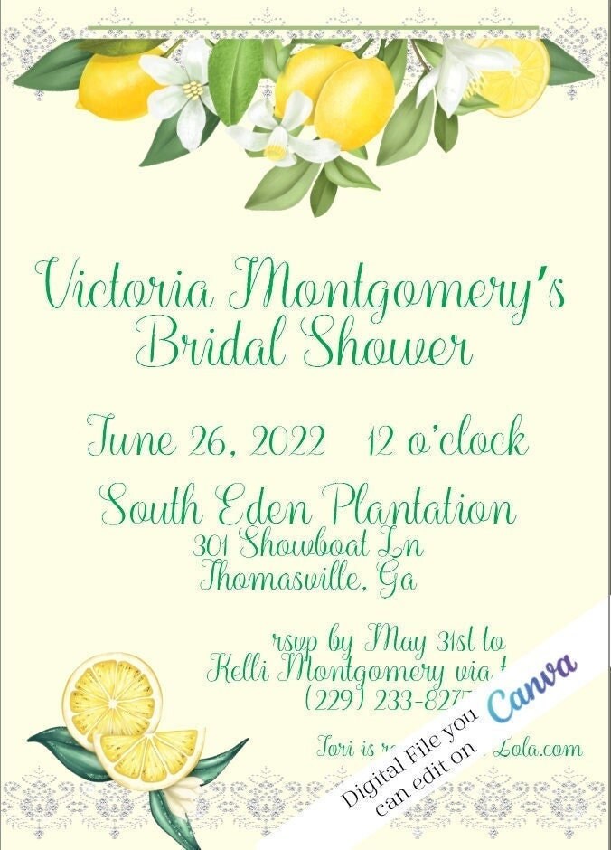 Editable Digital on Canva Lemon Promenade Bridal Shower Invitation