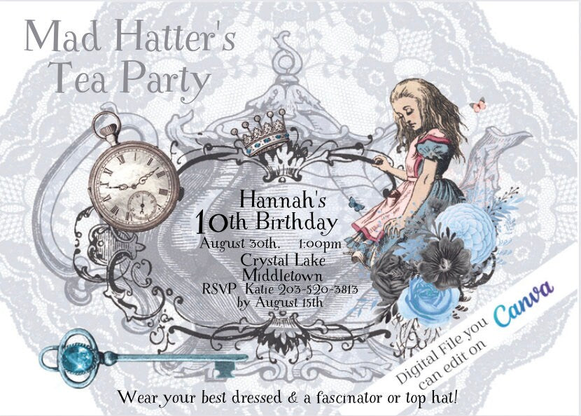 Editable Digital on Canva Alice in Wonderland Tea Party Invitations - Dusty Rose & Bashful Blue