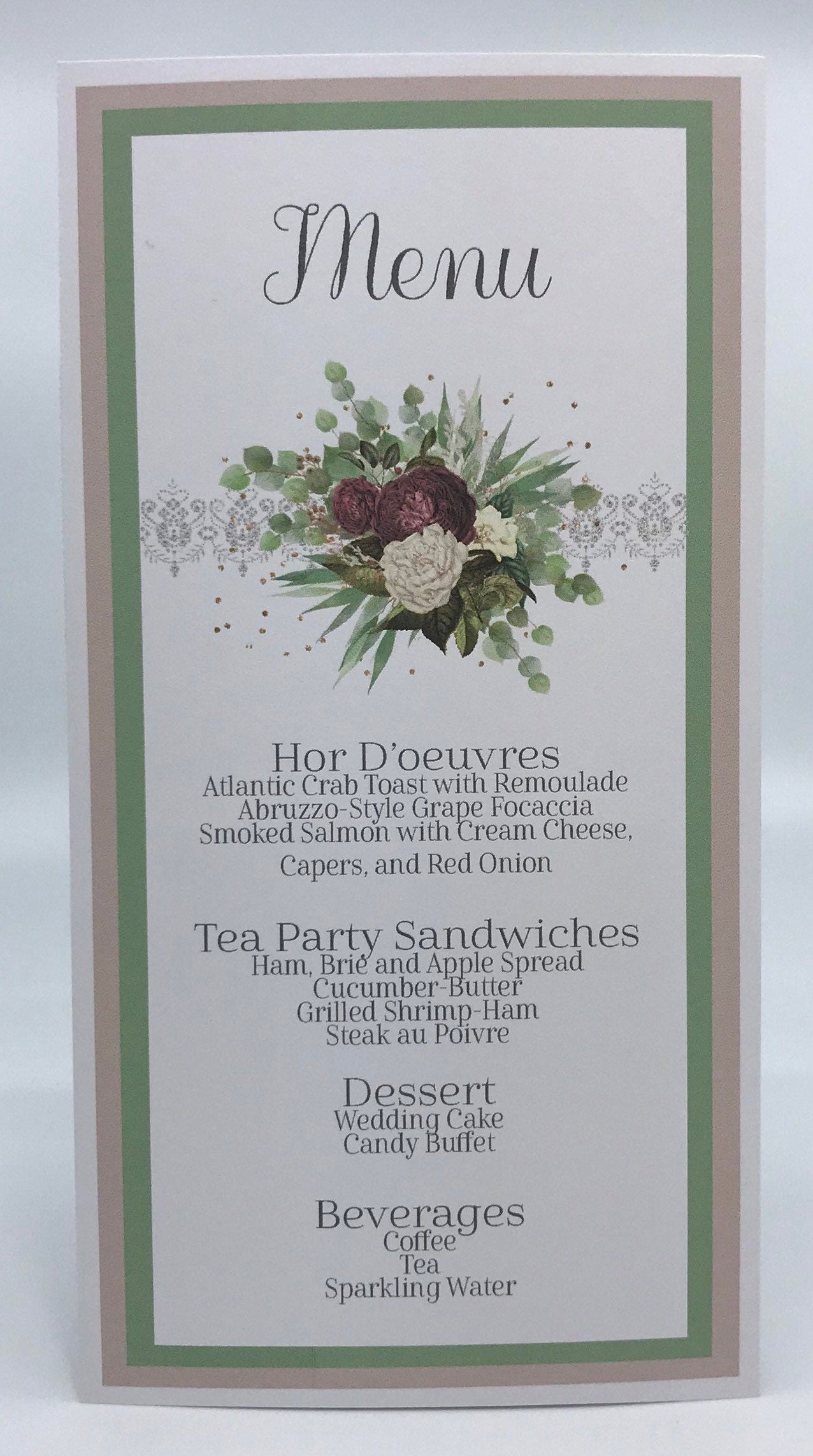 Burgundy Cream Sage Eucalyptus Floral Bouquet Bridal Shower Tea Party Favor