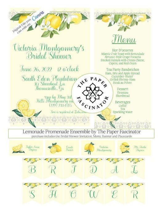 Editable Digital Lemon Promenade Bridal Shower Ensemble with Invitation, Menu, Banner and Placecards