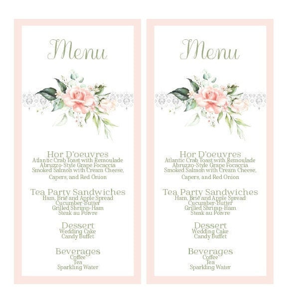 Editable Digital Beau-Tea-ful Pink Rose Bridal Shower Ensemble with Invitation, Menu, Banner and Place cards