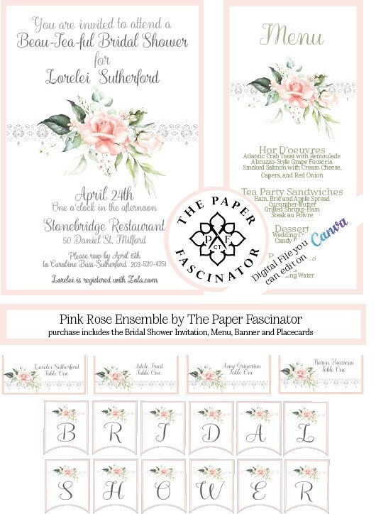 Editable Digital Beau-Tea-ful Pink Rose Bridal Shower Ensemble with Invitation, Menu, Banner and Place cards