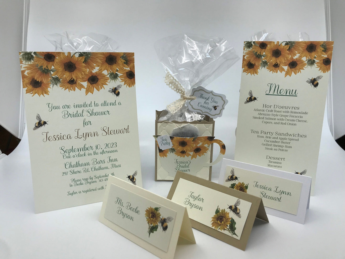 My Bumble Bees Love Sunflowers Tea Party Bridal Shower Ensemble with Invitation Menu different style Party Favor Gift Boxes Bag & Place Card