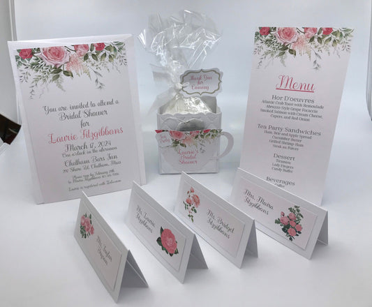 Sprig of Roses Tea Party Ensemble Invitation Menu Party Favor Gift Box & Bag and place card Bridal Baby Shower Birthday Event Planning