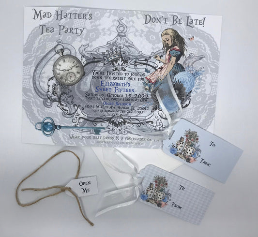 75 Gatefold Alice in Wonderland Invitation with 38 personalized diamond checkered blue party tags and 37 sky blue party tags