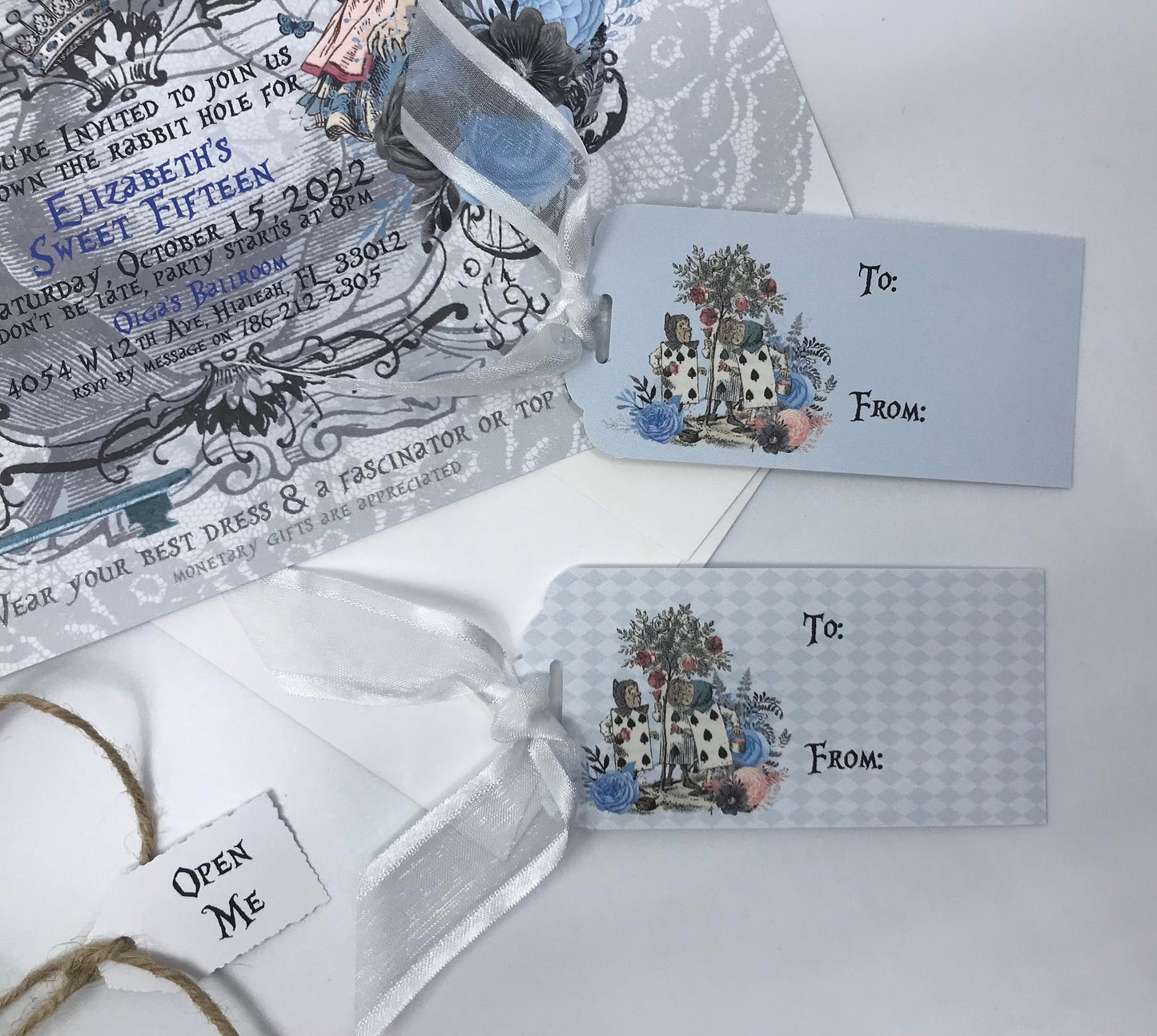 Alice in Wonderland Gatefold Invitations 75 with 38 personalized diamond checkered blue party tags and 37 sky blue party tags