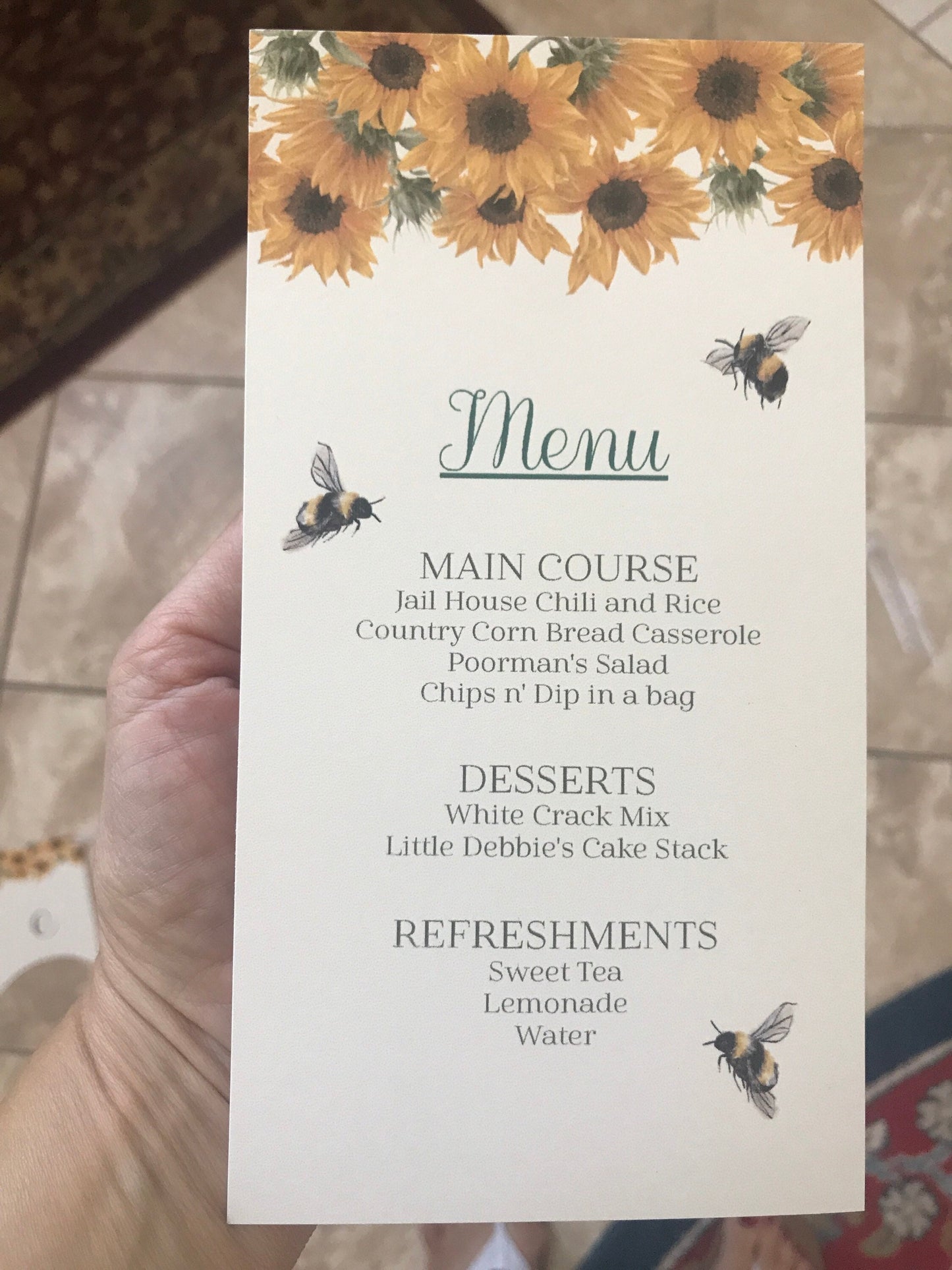 Sunflower and Bumblebee Menu for Wedding Bridal Baby Shower Birthday Special Event Planning