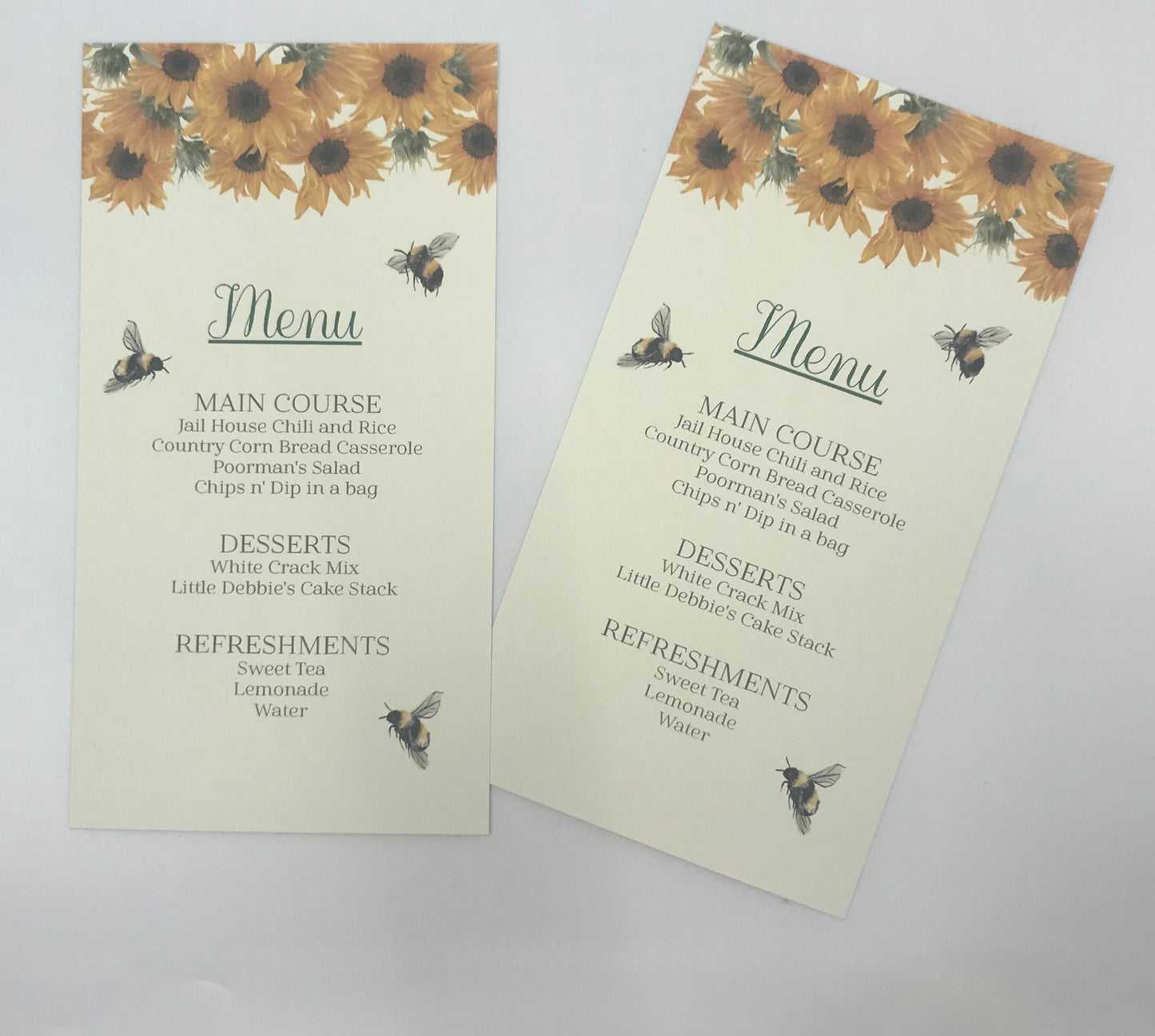 Sunflower and Bumblebee Menu for Wedding Bridal Baby Shower Birthday Special Event Planning